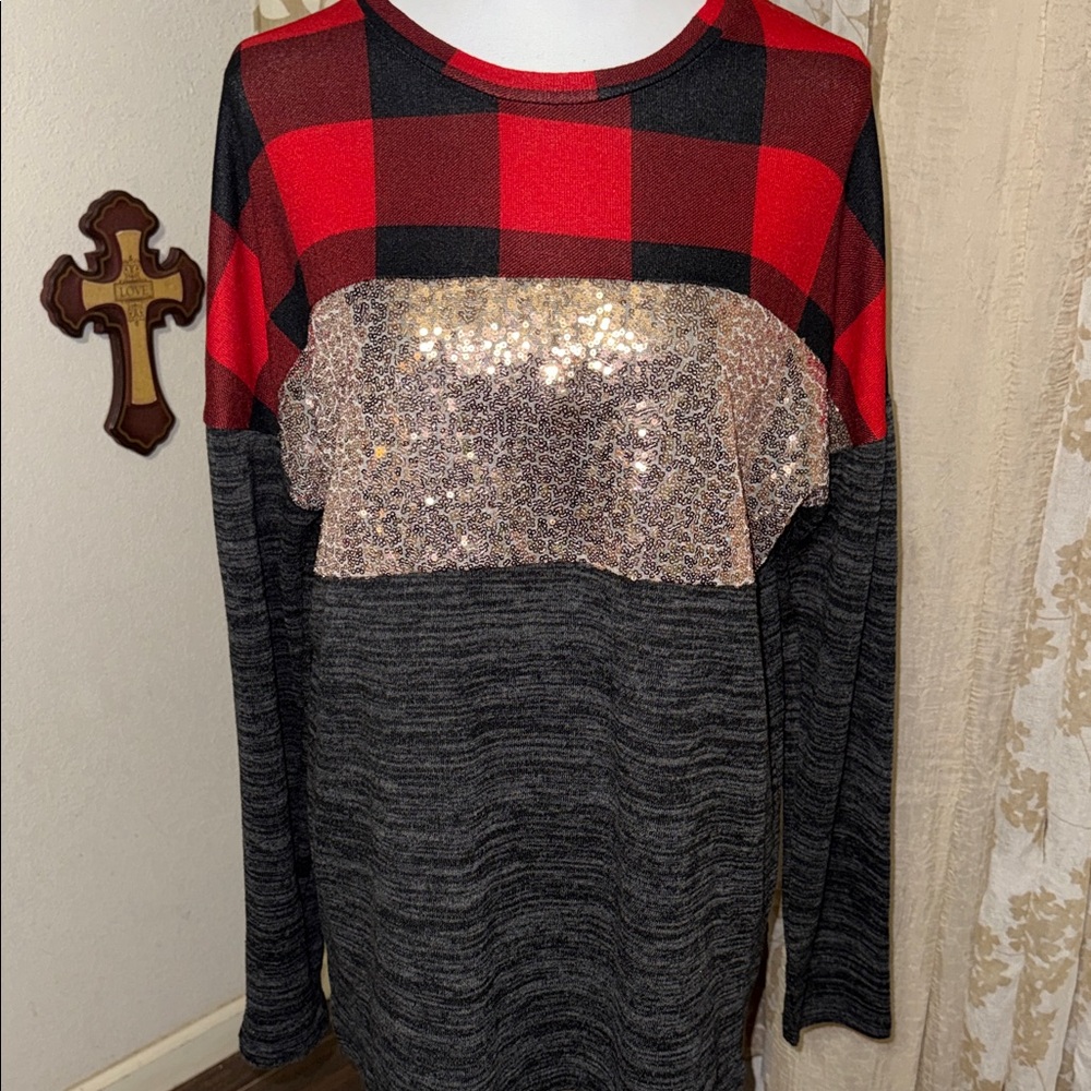 Red and Black Plaid Sweater with Sequin Detail